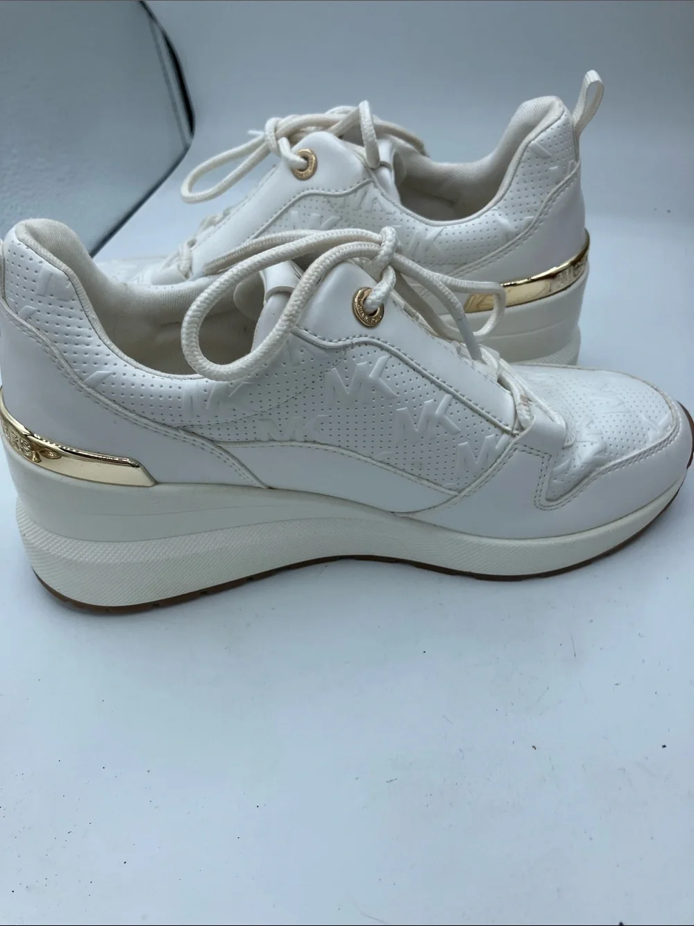Michael Kors Cream Logo Wedge Sneakers with Gold Accents